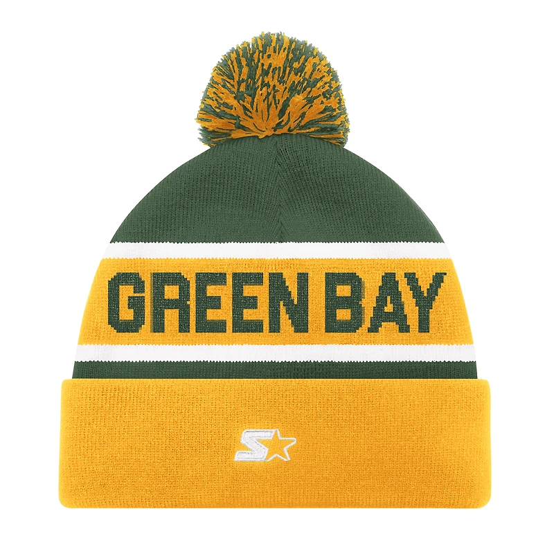 Bonnet en tricot à revers unisexe Starter Gold Green Bay Packers avec pompon