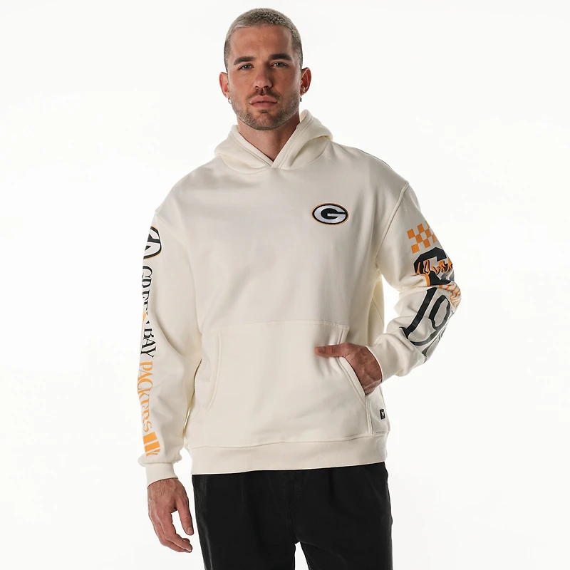 Sweat à capuche unisexe en polaire manches graphiques empilées, couleur crème, des Packers de Green Bay