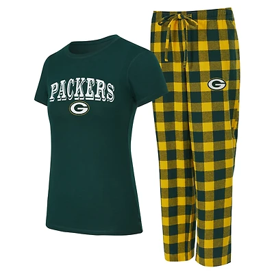 Ensemble pyjama en flanelle avec t-shirt et pantalon Avondale des Packers de Green Bay pour femmes Concepts Sport Green/Gold