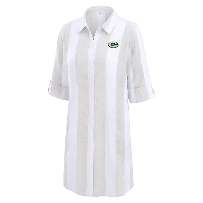 Women's Tommy Bahama Khaki/White Green Bay Packers Rugby Beach Stripe Button-Up Tunic