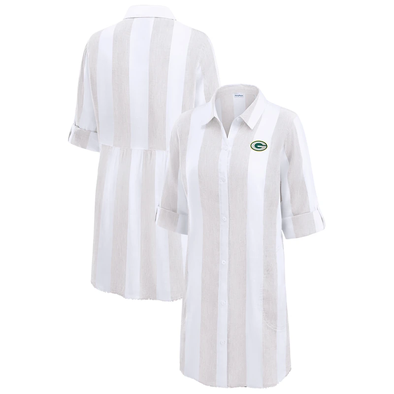 Women's Tommy Bahama Khaki/White Green Bay Packers Rugby Beach Stripe Button-Up Tunic