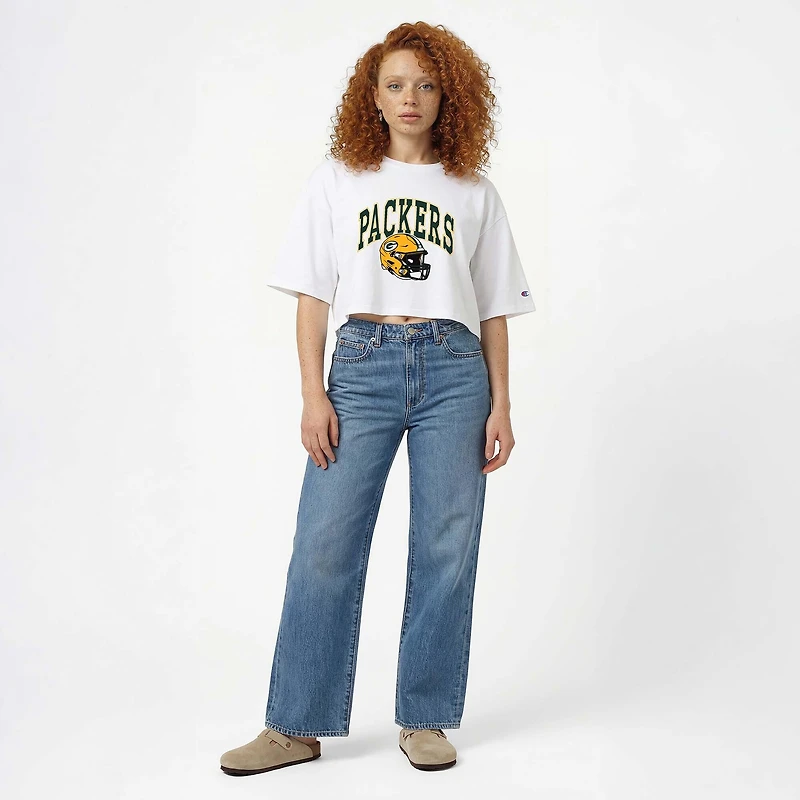 Women's Champion White Green Bay Packers Boyfriend Cropped T-Shirt