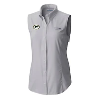 Chemise boutonnée sans manches Columbia Grey Green Bay Packers PFG Tamiami Omni-Shade pour femme