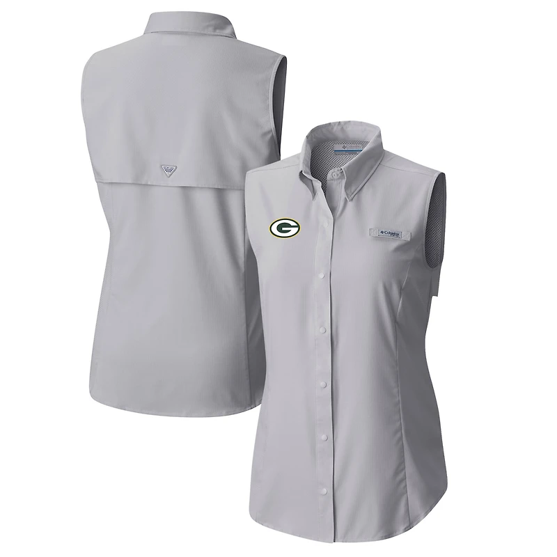 Chemise boutonnée sans manches Columbia Grey Green Bay Packers PFG Tamiami Omni-Shade pour femme
