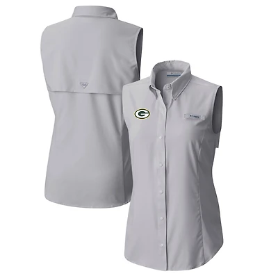 Chemise boutonnée sans manches Columbia Grey Green Bay Packers PFG Tamiami Omni-Shade pour femme