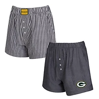 Ensemble de deux boxers Concepts Sport Charcoal Green Bay Packers à rayures et couleurs unies pour femme