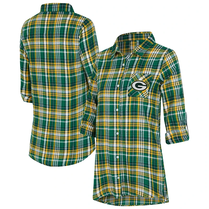 Chemise de nuit à carreaux Green Bay Packers Laney pour femme, mélange trois tissus, boutonnée sur toute la longueur, marque Concepts Sport Green.
