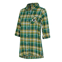 Chemise de nuit à carreaux Green Bay Packers Laney pour femme, mélange trois tissus, boutonnée sur toute la longueur, marque Concepts Sport Green.