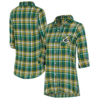 Chemise de nuit à carreaux Green Bay Packers Laney pour femme, mélange trois tissus, boutonnée sur toute la longueur, marque Concepts Sport Green.