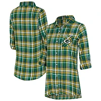 Chemise de nuit à carreaux Green Bay Packers Laney pour femme, mélange trois tissus, boutonnée sur toute la longueur, marque Concepts Sport Green.