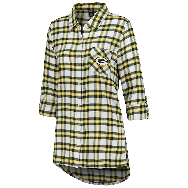 Women's Concepts Sport Green Bay Packers Sienna Plaid Full-Button Long Sleeve Nightshirt