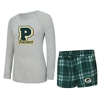 Women's Concepts Sport  Heather Gray/Green Green Bay Packers Regulate Plaid Long-Sleeve T-Shirt & Shorts Sleep Set