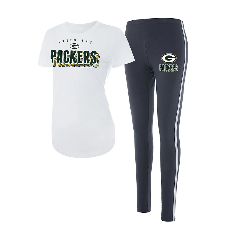 Women's Concepts Sport White/Charcoal Green Bay Packers Sonata Short Sleeve Top & Leggings Set