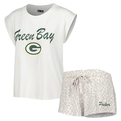 Women's Concepts Sport White/Cream Green Bay Packers Montana Knit Top & Shorts Sleep Set