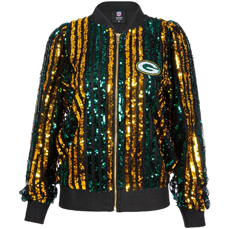 Veste bomber zippée à rayures et sequins pour femme Cuce Green des Bay Packers, coupe ajustée