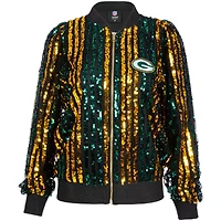 Veste bomber zippée à rayures et sequins pour femme Cuce Green des Bay Packers, coupe ajustée