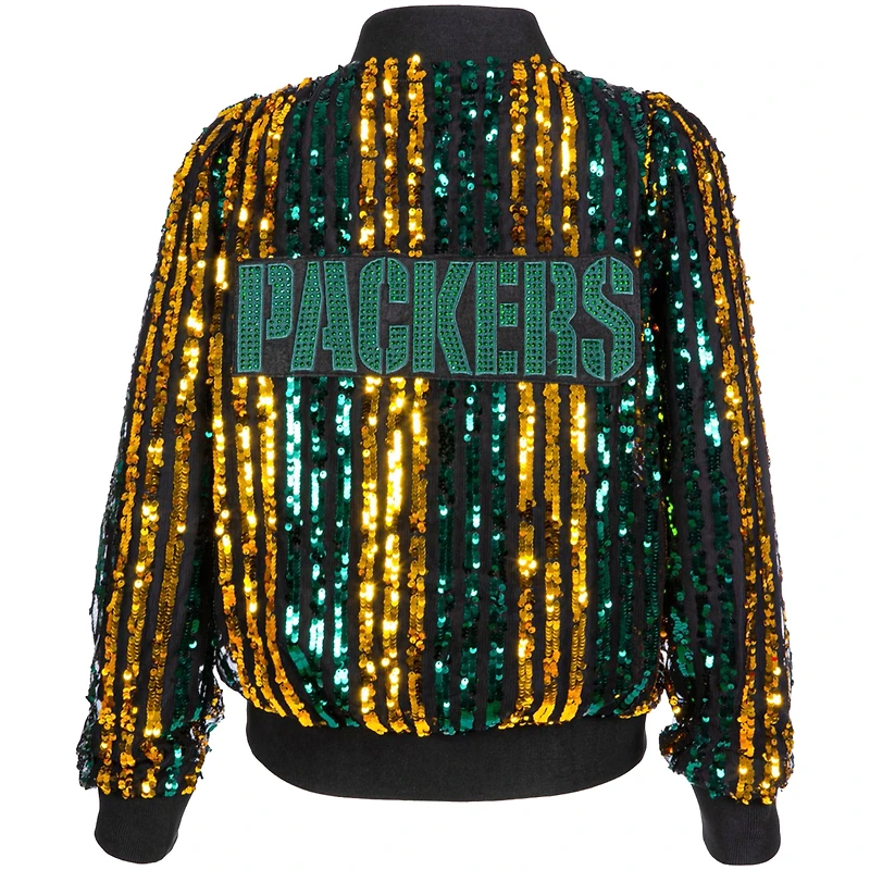 Veste bomber zippée à rayures et sequins pour femme Cuce Green des Bay Packers, coupe ajustée