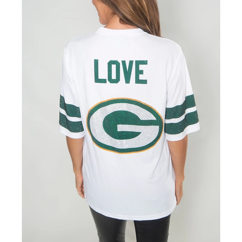 Women's Cuce Jordan Love White Green Bay Packers Crystal V-Neck Tunic