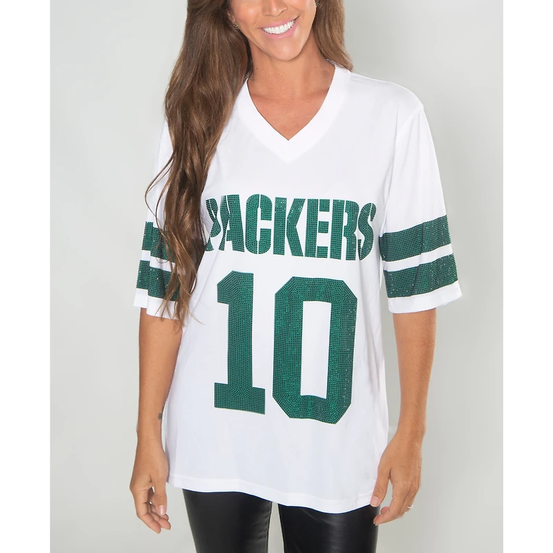 Women's Cuce Jordan Love White Green Bay Packers Crystal V-Neck Tunic