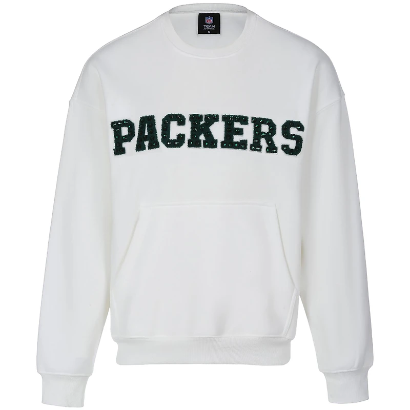 Women's Cuce White Green Bay Packers Chenille Jeweled Sweatshirt