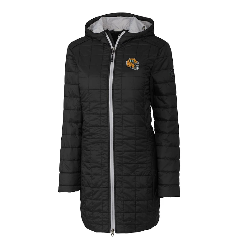 Manteau long à capuche isolant Primaloft Eco Rainier pour femme, noir, avec logo du casque des Green Bay Packers, Cutter & Buck
