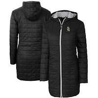 Manteau long à capuche zippé entièrement en Primaloft Eco Rainier pour femme, coupe-vent et buck, noir, avec logo rétro des Green Bay Packers