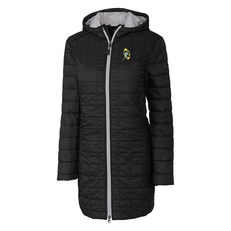 Manteau long à capuche zippé entièrement en Primaloft Eco Rainier pour femme, coupe-vent et buck, noir, avec logo rétro des Green Bay Packers