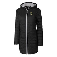 Manteau long à capuche zippé entièrement en Primaloft Eco Rainier pour femme, coupe-vent et buck, noir, avec logo rétro des Green Bay Packers
