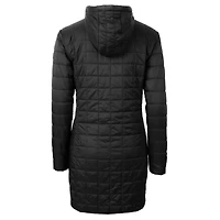 Manteau long à capuche zippé entièrement en Primaloft Eco Rainier pour femme, coupe-vent et buck, noir, avec logo rétro des Green Bay Packers