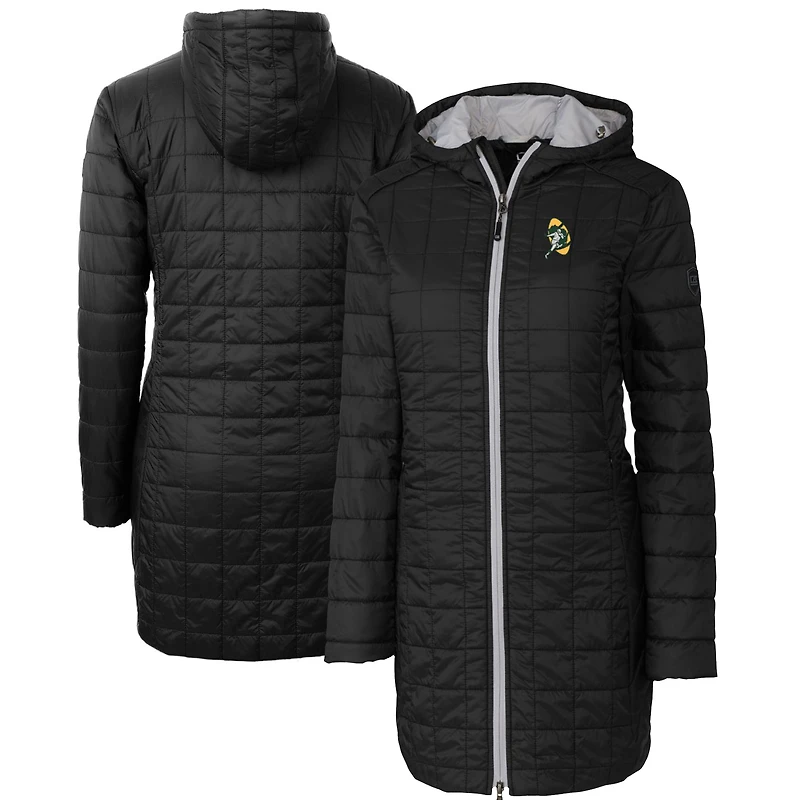 Manteau long à capuche zippé entièrement en Primaloft Eco Rainier pour femme, coupe-vent et buck, noir, avec logo rétro des Green Bay Packers