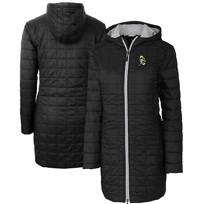 Manteau long à capuche zippé entièrement en Primaloft Eco Rainier pour femme, coupe-vent et buck, noir, avec logo rétro des Green Bay Packers