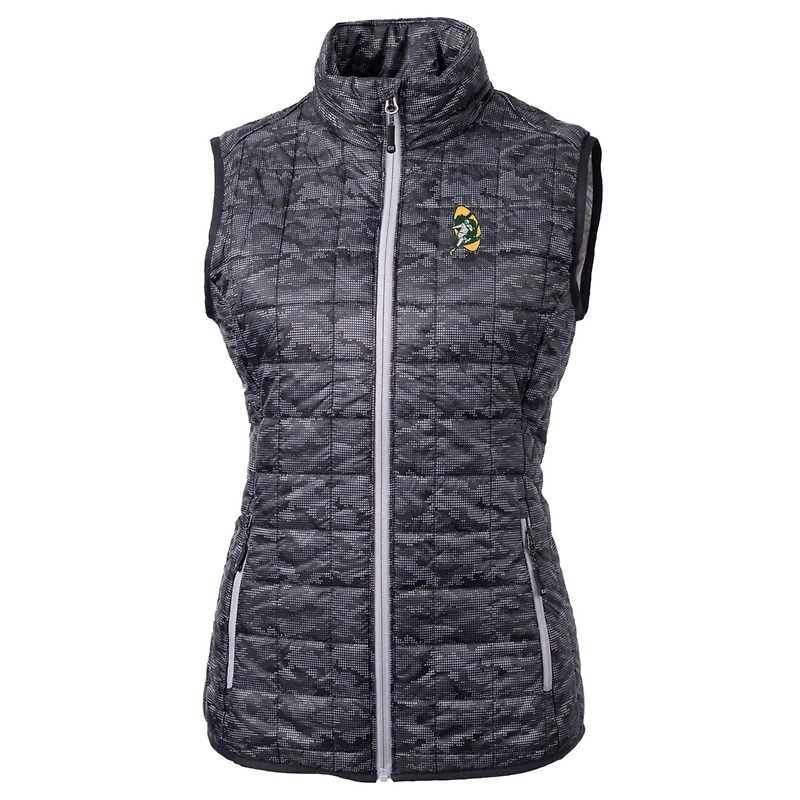 Women's Cutter & Buck Black Green Bay Packers Throwback Logo Rainier PrimaLoft Eco Printed Full-Zip Puffer Vest