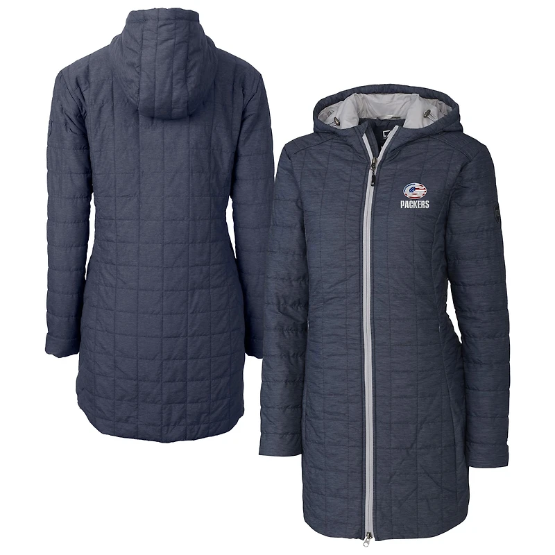 Manteau long à capuche zippé isolant PrimaLoft® Eco pour femme Cutter & Buck Navy Green Bay Packers Americana Rainier