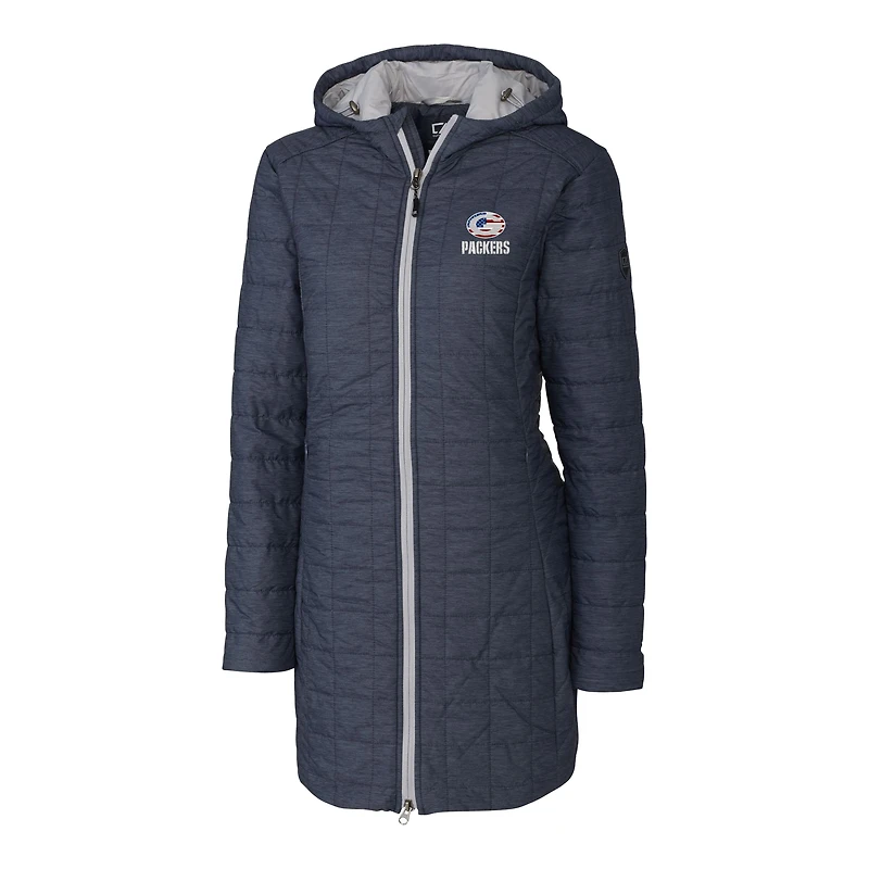 Women's Cutter & Buck Navy Green Bay Packers Americana Rainier PrimaLoft® Eco Insulated Full-Zip Hoodie Long Coat