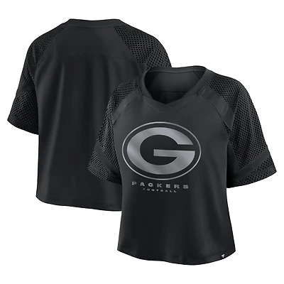 Women's Fanatics Black Green Bay Packers Oversized Raglan V-Neck Blackout Fashion Jersey