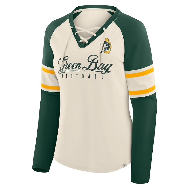 T-shirt à manches longues et col en V lacets raglan Green Bay Packers Gridiron Hero pour femme Fanatics Crème/Vert