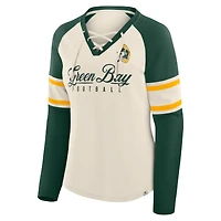 T-shirt à manches longues et col en V lacets raglan Green Bay Packers Gridiron Hero pour femme Fanatics Crème/Vert