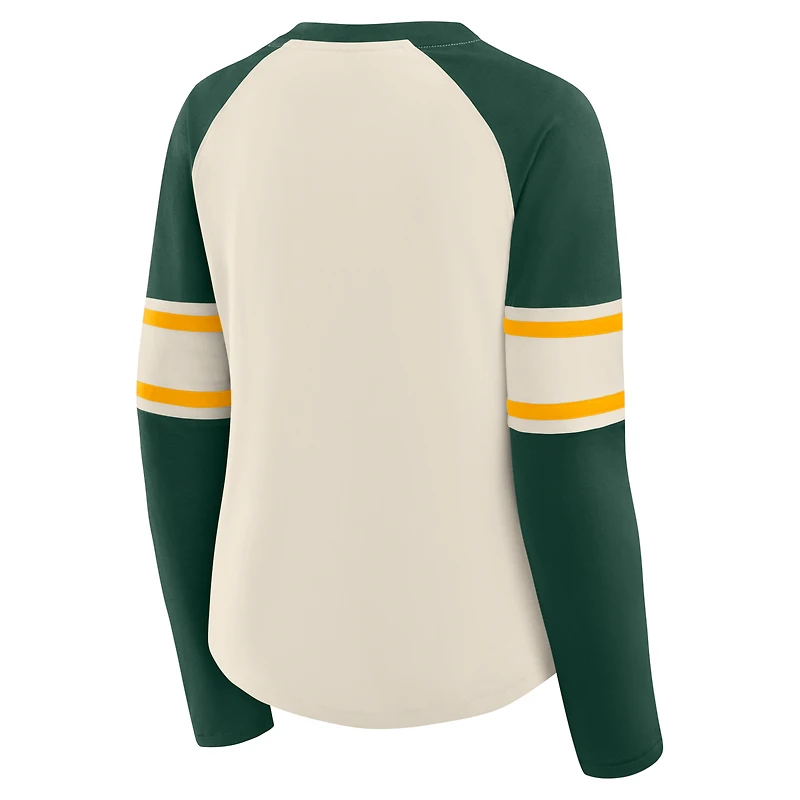 T-shirt à manches longues et col en V lacets raglan Green Bay Packers Gridiron Hero pour femme Fanatics Crème/Vert