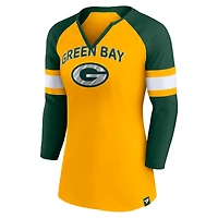 Women's Fanatics Gold/Green Green Bay Packers Team Arch Raglan 3/4-Sleeve Notch-Neck T-Shirt