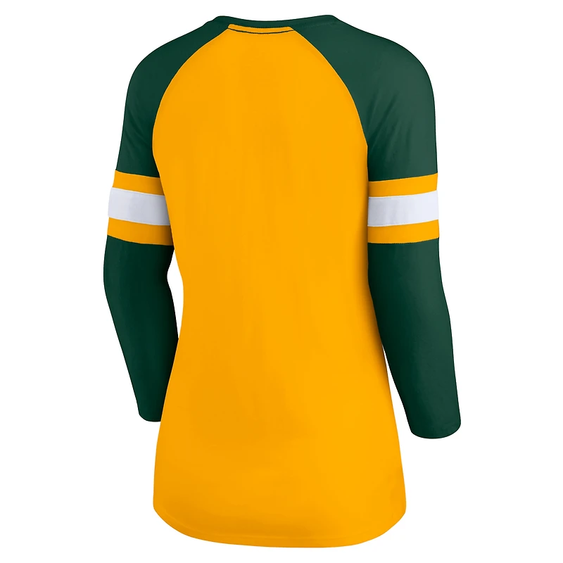 Women's Fanatics Gold/Green Green Bay Packers Team Arch Raglan 3/4-Sleeve Notch-Neck T-Shirt