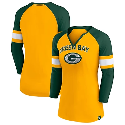 T-shirt Fanatics pour femmes, or/vert, Green Bay Packers, Team Arch Raglan, manches 3/4, col cranté