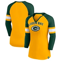 T-shirt Fanatics pour femmes, or/vert, Green Bay Packers, Team Arch Raglan, manches 3/4, col cranté