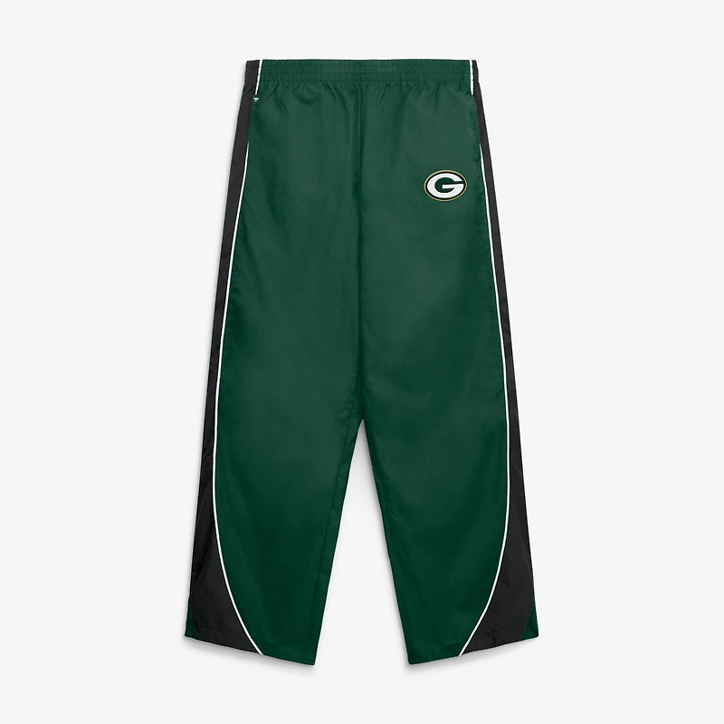 Pantalon en nylon Fanatics vert/noir pour femmes, Green Bay Packers, Team First, à revers et empiècements latéraux.