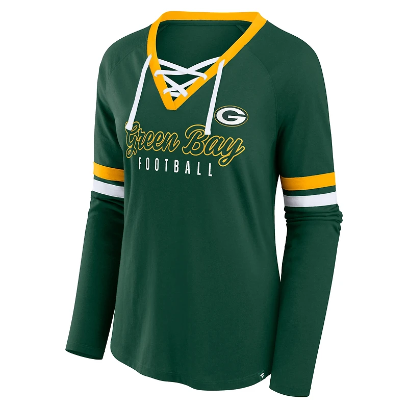 T-shirt à manches longues et col en V lacets pour femmes Fanatics Green Bay Packers grande taille Won & Done