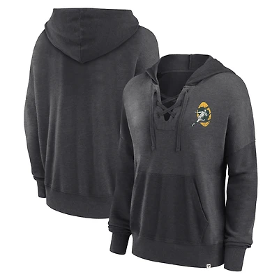 Women's Fanatics Heather Charcoal Green Bay Packers Heritage Snow Wash French Terry Lace-Up Pullover Hoodie