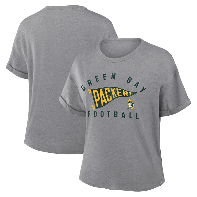 Women's Fanatics Heather Gray Green Bay Packers Pennant Wave Tribute Tri-Blend Boxy T-Shirt