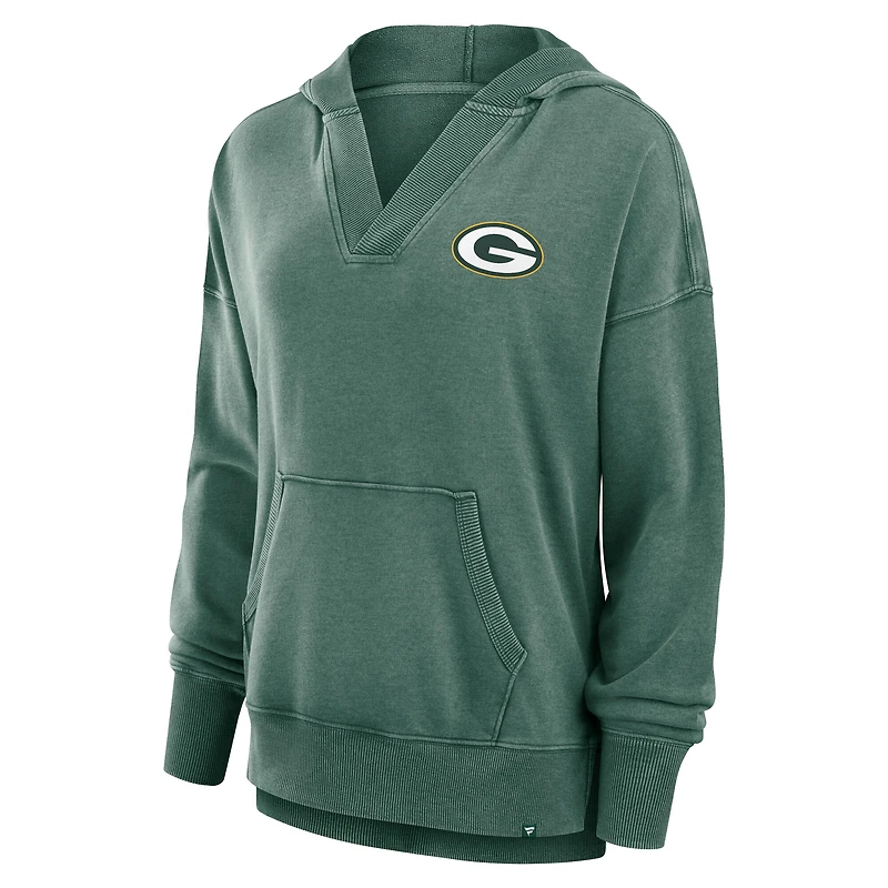 Women's Fanatics  Heather Green Bay Packers Initiative Snow Wash French Terry V-Neck Pullover Hoodie