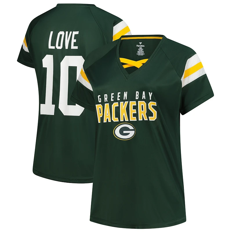 Women's Fanatics Jordan Love Green Bay Packers Plus Name & Number Raglan Lace V-Neck T-Shirt