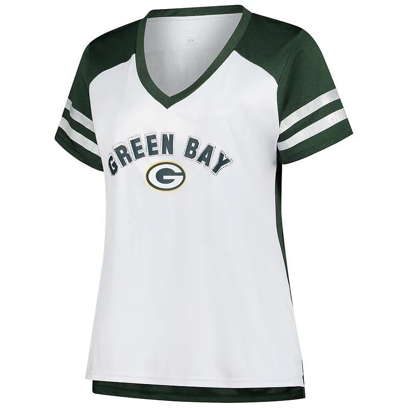 T-shirt col V bling-bling grande taille pour femme Fanatics Jordan Love White Green Bay Packers