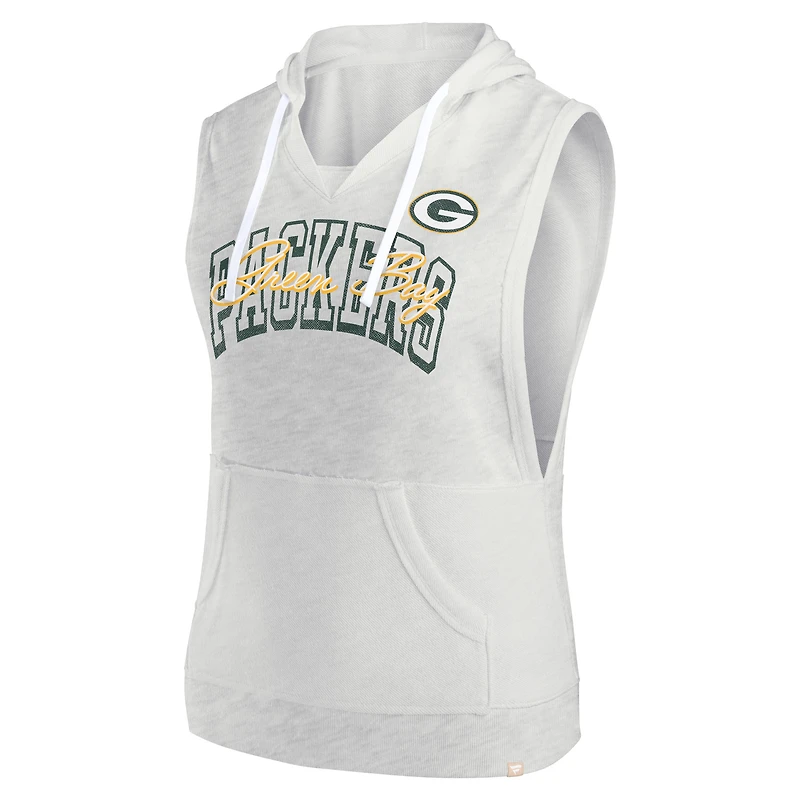 Sweat à capuche sans manches col en V Fanatics Oatmeal Green Bay Packers pour femmes